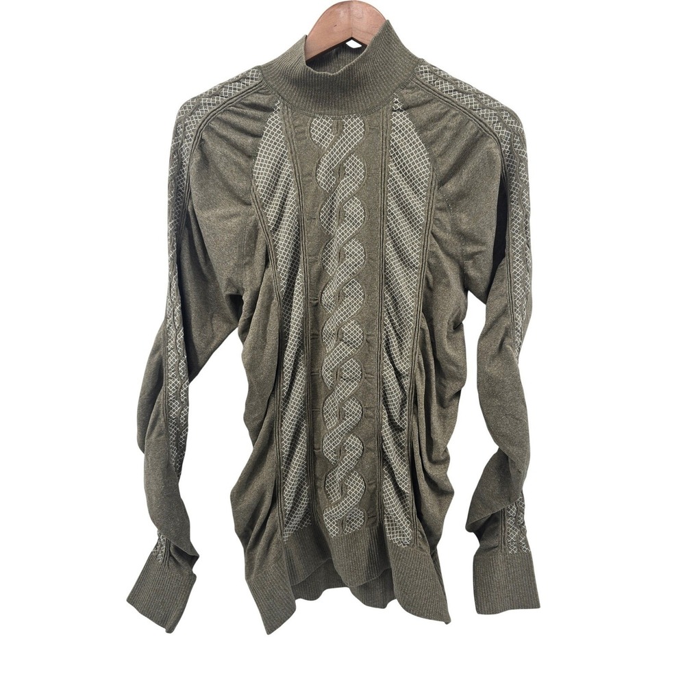 Athleta Mock Neck Sweater Womens XL Olive Green Ruched Cable Knit Mesh Panel